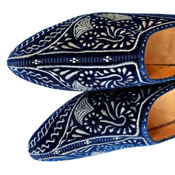 Vintage Blue Velvet Mules Atelier Friquia Moroccan Embroidered Heels 8 – 8.5 - Picture 8 of 10